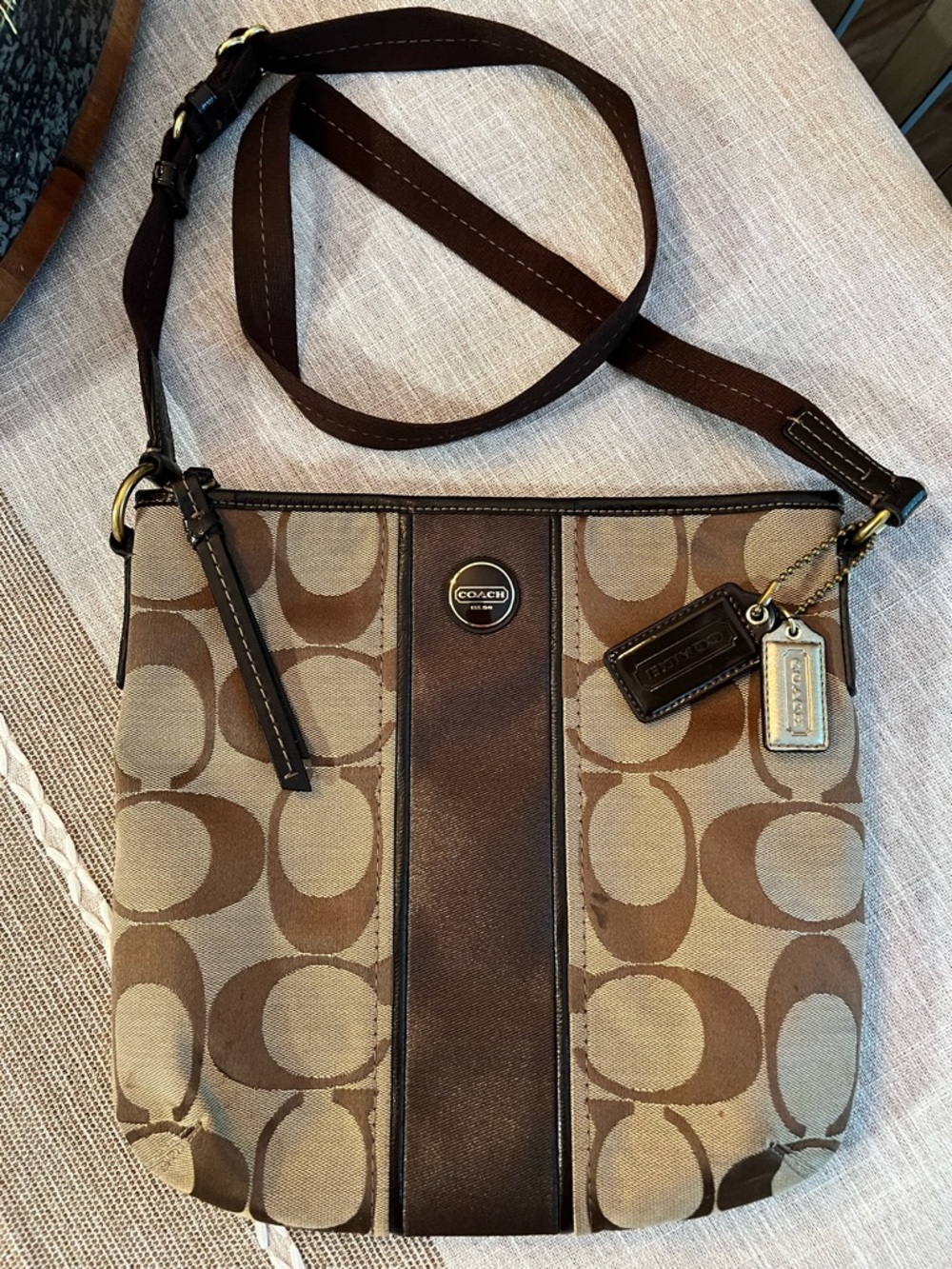🤎Coach Signature Canvas Brown Khaki Crossbody Bag Stripe Front Classic